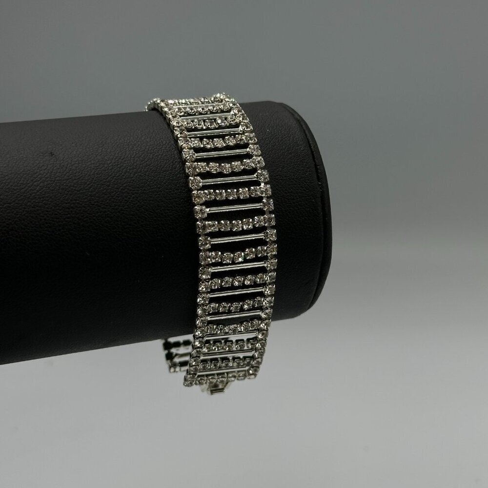 Vintage Rhinestone Bracelet Silver Tone Glam Statement Wide Ladder Design 7.25"